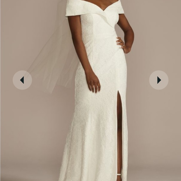 NWOT David's Bridal cuffed off-the-shoulder lace sheath gown - Picture 1 of 4